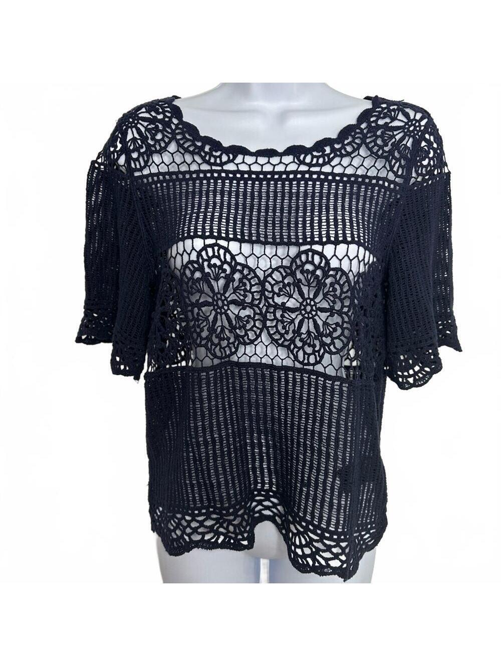 Anthropologie James Coviello Small Navy Blue Open Crochet Cotton Short Sleeve